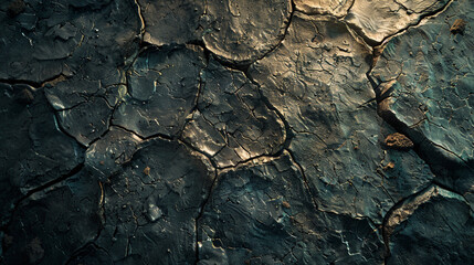 Abstract cracked stone floor with deep crevices and natural debris.