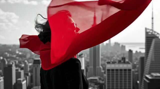 Young woman gazing over a monochrome cityscape while her red scarf flutters in the wind
