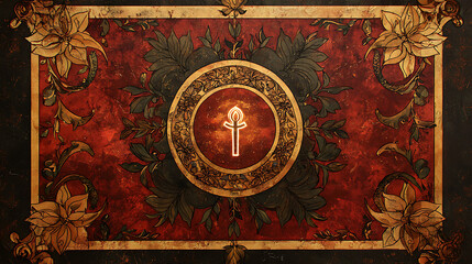 A luxurious, medieval design featuring a central glowing cruciform symbol, encircled by golden botanical motifs and set against a rich, distressed red background.