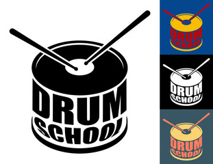 Isometric emblem of musical drum school. Percussion musical instrument. Drum with drumsticks musical sign. Simple top view vector