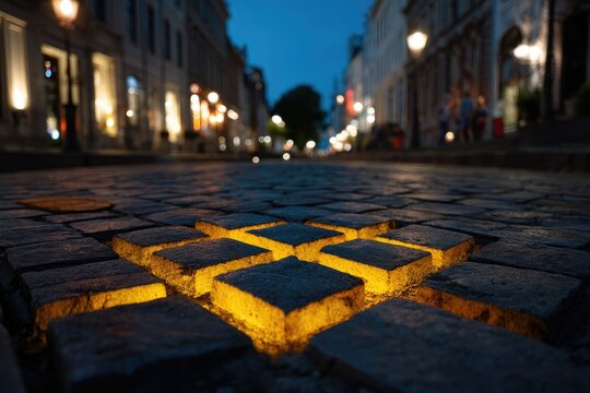 Cobblestone street at night, glowing yellow squares