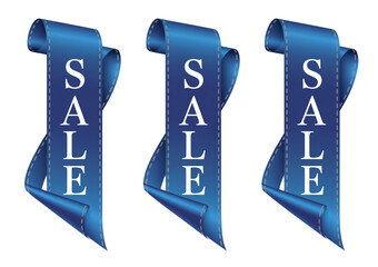Three blue sale ribbons with white text on a black background for advertising and promotions use