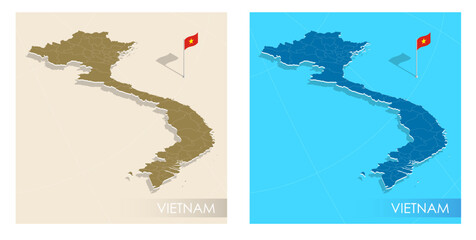 Vietnam country flag installed on geographic positioning map point of country territory. Vietnamese commonwealth banner on land and sea. Festive patriotic HD format template for independence day