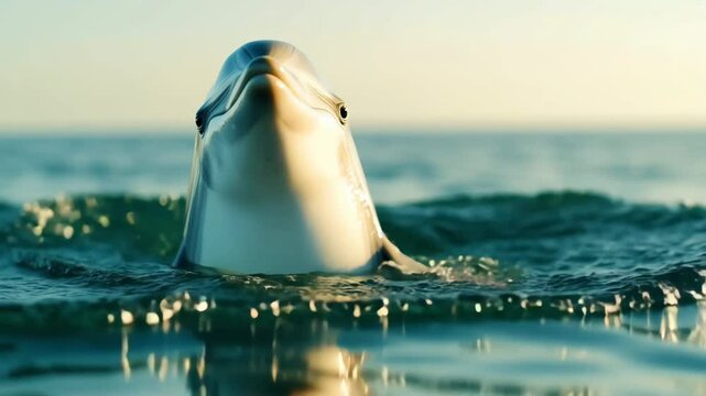 A playful dolphin swims in clear blue water, splashing as it surfaces. The sun reflects off the water, creating a serene ocean scene.