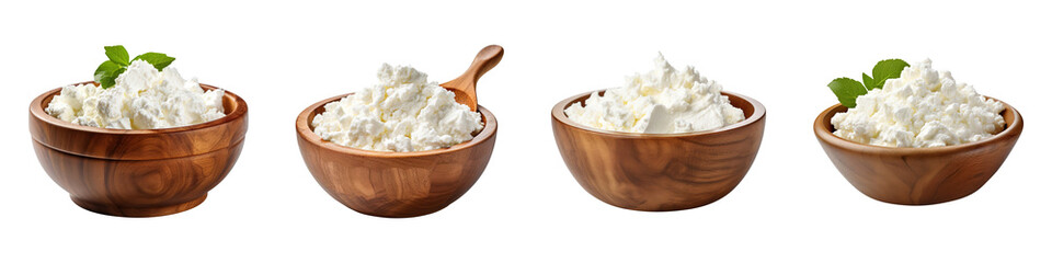 Collection of cottage cheese in wooden bowls, isolated on a transparent background