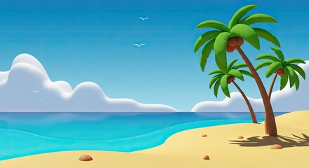 Obraz premium Tropical island paradise with a lone palm tree on a beautiful beach, summer sky, and clear ocean water