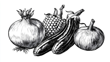 Black and white vector engraving of three vegetables a tomato, an onion, and okra on the cob. This is a vintage illustration isolated on a white background, with detailed