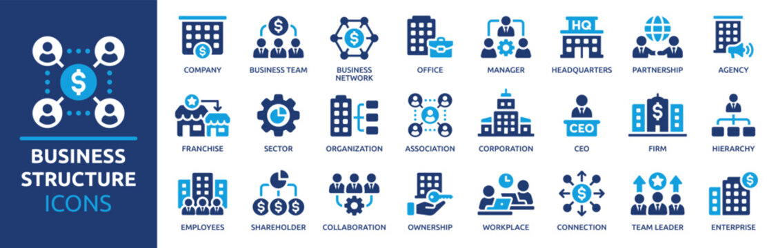 Business structure icon set. Company, office, business network, hierarchy, employees, organization, agency, workplace, corporation and more. Solid vector icons collection.