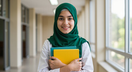 Young woman wearing hijab holding books in school hallway  