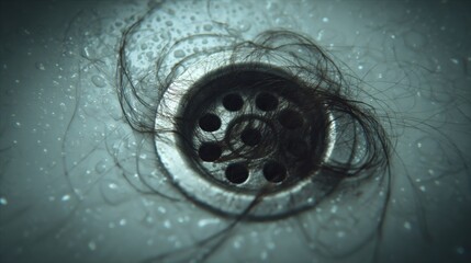 Dark conceptual image of hair tangled in a wet bathtub drain symbolizing hair loss, clogged plumbing and hygiene issues ideal for awareness campaigns, household problems and health topics
