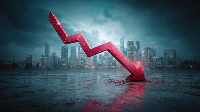 3D render of a red downward zigzag arrow breaking through the ground with a dramatic city skyline in the background symbolizing economic crisis, stock market crash and financial decline