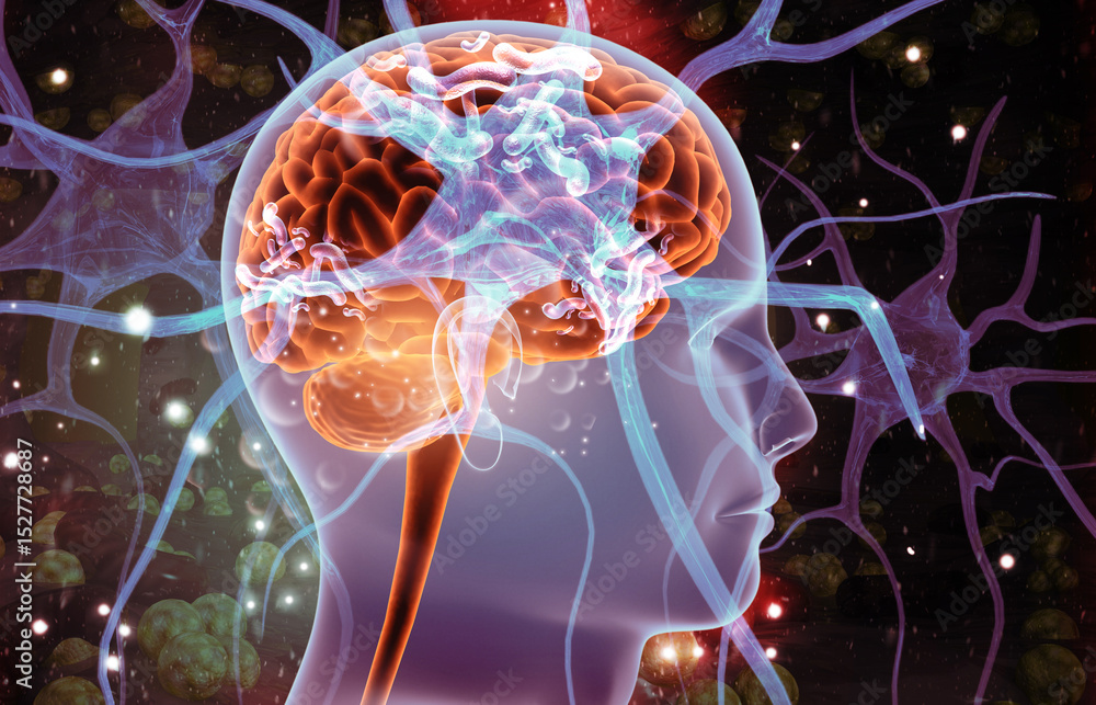 Poster neural network connections. neurons with electrical pulses. 3d illustration..
