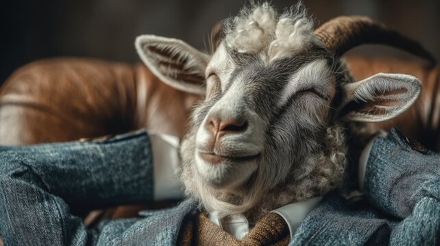 Anthropomorphic goat in a stylish suit relaxing with a satisfied smile in a leather armchair representing humorous business metaphor perfect for marketing campaigns, memes and character design