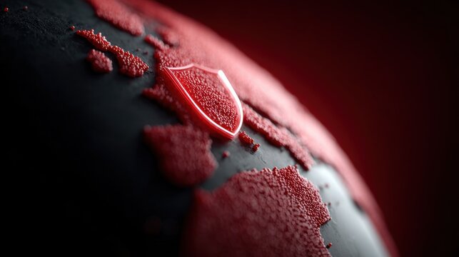 Macro view of textured red cyber world map on dark sphere with security shield symbolizing global digital protection, cybersecurity networks and modern tech infrastructure