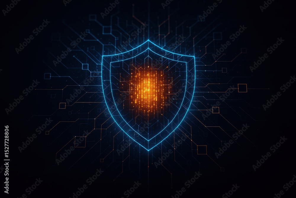 Poster shield representing internet security with complex circuit connections for ukraine's digital governm
