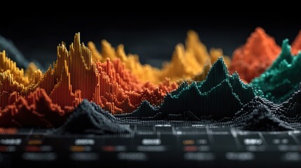 Colorful abstract 3D data visualization with jagged terrain-like peaks representing financial trends, stock market analysis and futuristic business forecasting