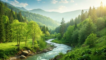 Mountain River Vista: A stunning scenic view of a river winding through a lush, verdant valley, framed by towering mountains and bathed in the warm light of the sun.