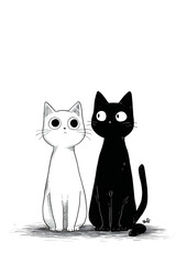 Two cartoon cats sitting side by side against a black background with a white cat and a black cat isolated white background