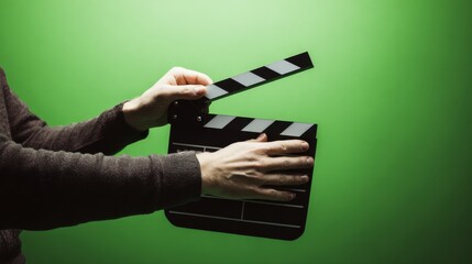 Hands holding a black and white clapperboard against a vibrant green chroma key background ideal for film production, movie industry visuals and video editing concept designs