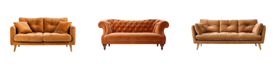 Collection of cozy light brown sofas, isolated on a transparent background