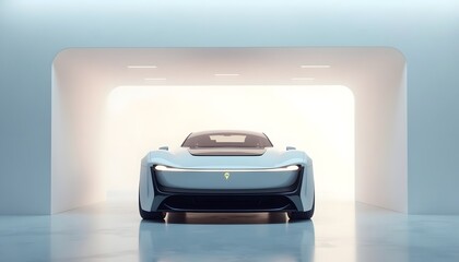 Light blue sports car parked inside a white garage