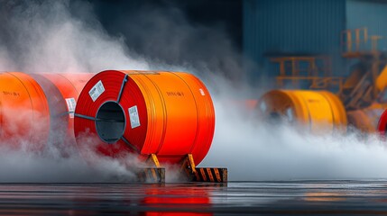 Steel manufacturing industry production in a factory setting metal coils on the production floor