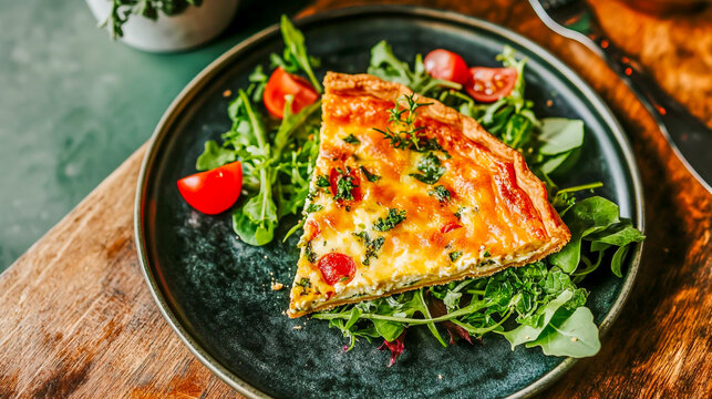 slice of quiche with salad greens