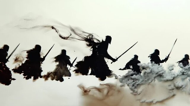 Silhouetted medieval warriors marching in formation with ink trails