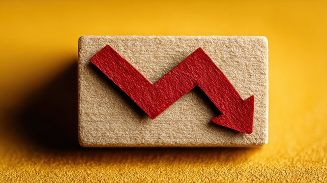 Wooden block with red zigzag down arrow representing market crash or economic decline on yellow background ideal for financial reports and crisis illustrations