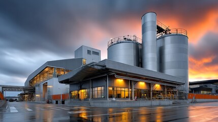 Steel manufacturing factory in industry landscape modern production facility at dusk with metal structures