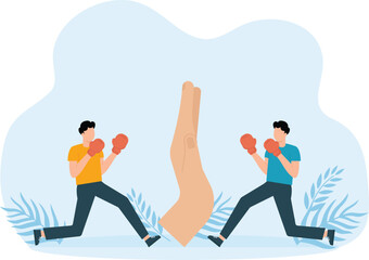 Negotiation or stop fighting, Conflict management and leadership skills to compromise and solve argument problems, businessman leader standing in center to stop boxing world fighting conflict.
