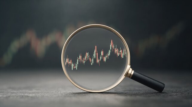 Magnifying glass focusing on stock market chart with blurry candlestick graph in background perfect for finance analysis visuals, investment blogs and data-driven trading reports - Powered by Adobe