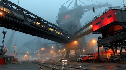 Steel manufacturing action in industrial factory foggy environment night viewpoint heavy metal production