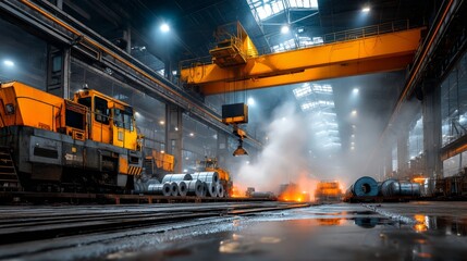 Steel manufacturing action in modern factory high-production environment industry metal production overview