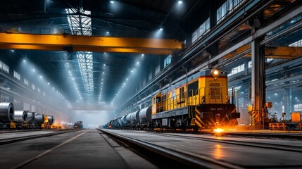 Steel production action at industrial manufacturing factory metal environment overview perspective