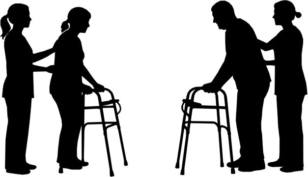 Silhouette of nurse halping patient with walker isolated on white background. Vector illustration