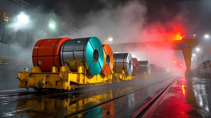 Nighttime steel production at factory industrial manufacturing environment with metal coils in motion