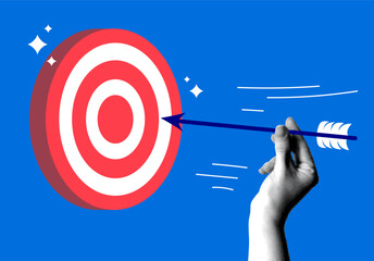 Halftone hand aims arrow at target. Modern collage. Darts in hand. Successful business concept. Focus on achieving goals. Marketing strategy. Purpose, accuracy