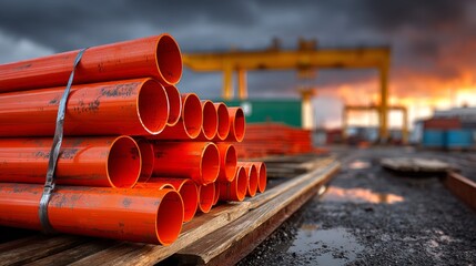 Manufacturing industry production of steel pipes at factory location industrial environment dynamic viewpoint
