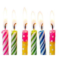 Six lit birthday candles isolated on transparent background