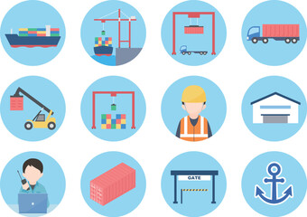 コンテナターミナルでの仕事に関連するアイコンのセット
