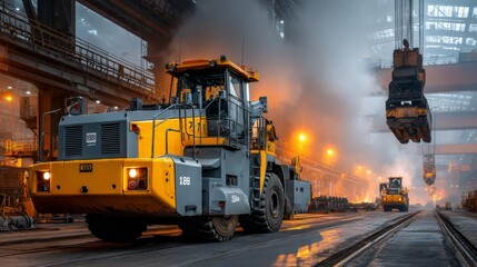 Heavy machinery in steel manufacturing factory industrial production environment optimizing metal processing