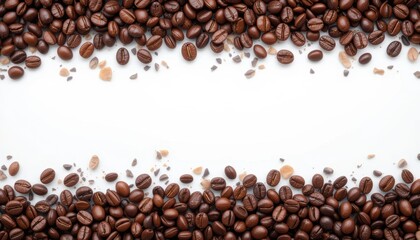 Naklejka premium Rich Coffee Beans with Rock Sugar Framing a White Space for Creative Design and Culinary Inspiration