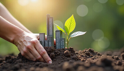 Hand planting miniature city buildings in the soil with a growing green plant at sunrise