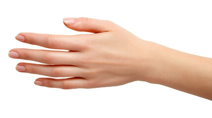 A fair skinned hand reaching out with fingers extended against a black isolated background view from above isolated white background