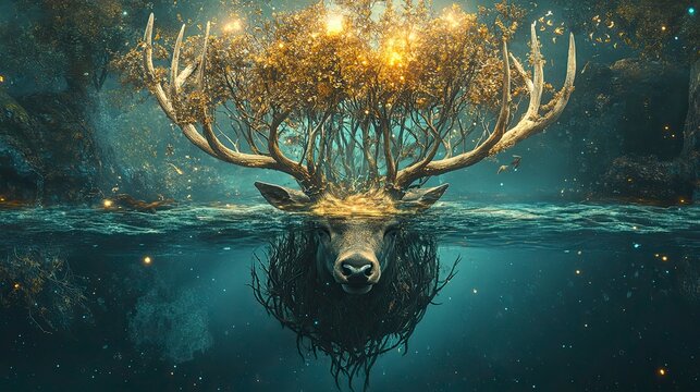 A mystical deer submerged in a glowing underwater forest