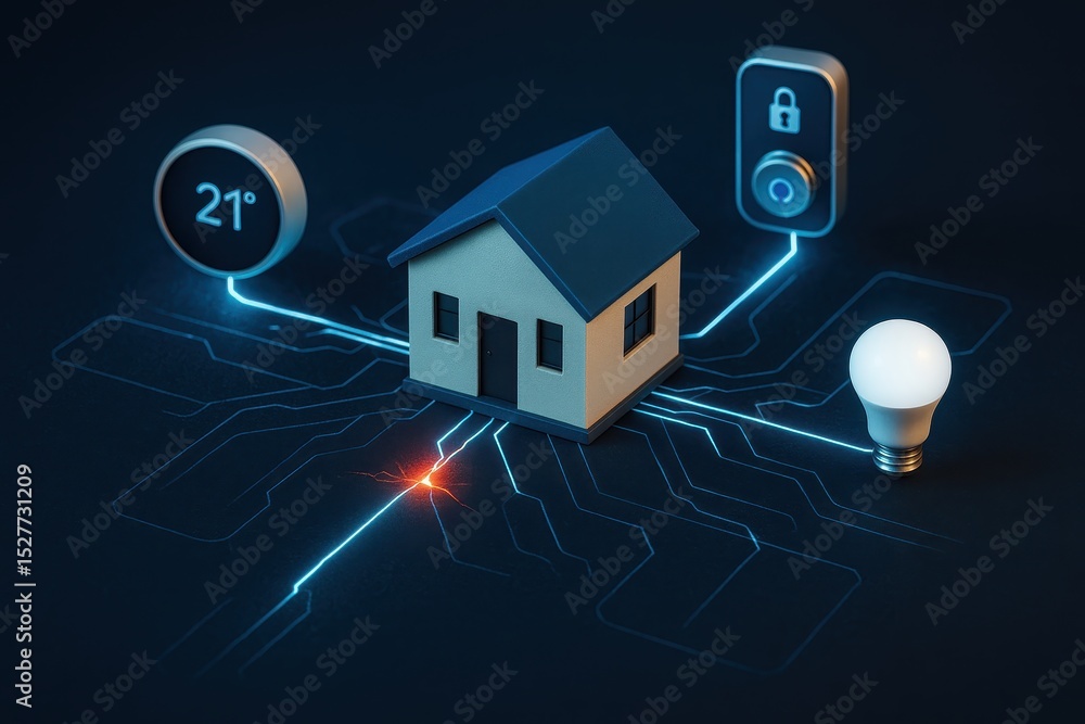 Poster smart home technology vulnerability displayed through connections between house and devices on a cir