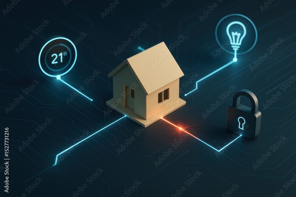 Poster internet of things security displaying miniature house controlled by smart technology with temperatu