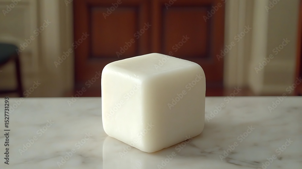 Poster minimalist cube object on marble surface with blurred architectural background