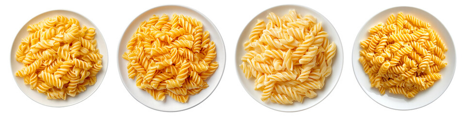 Collection of creamy pasta on white plates, top view, isolated on a transparent background